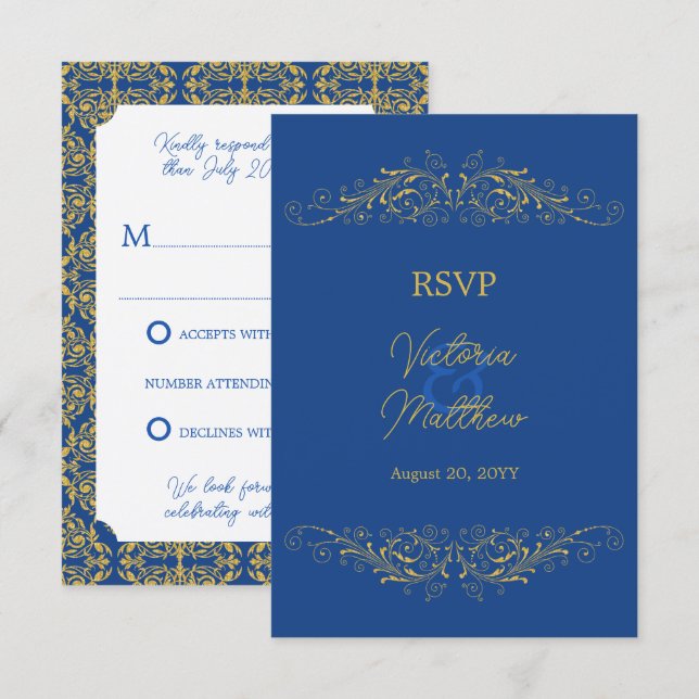 Convite Resposta de Casamento Bleu e Ouro com Floresciment (Frente/Verso)