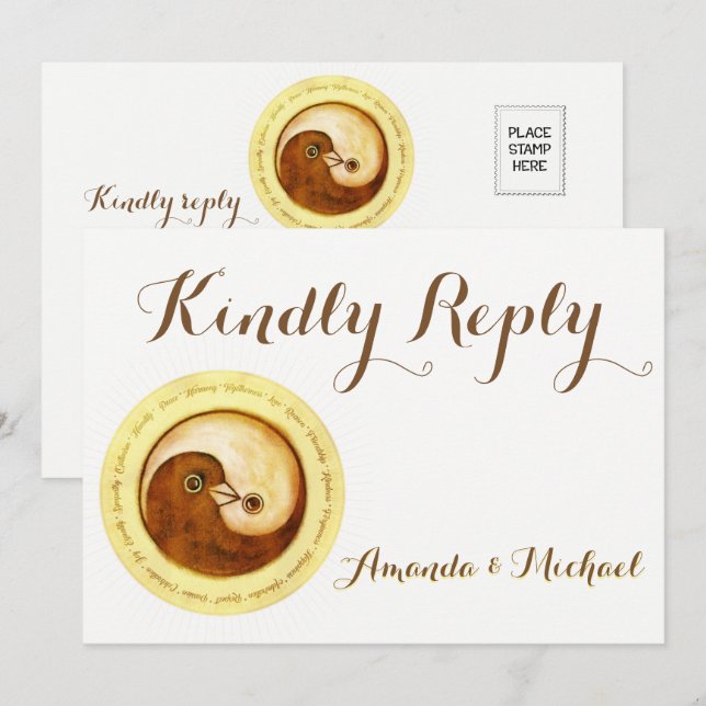 Convite RESPOSTA DE CASAMENTO CARTA Rodox Pombas YinYang H (Frente/Verso)