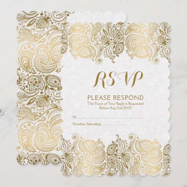Convite Resposta de casamento em renda paisley dourada e b (Frente/Verso)