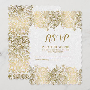 Convite Resposta de casamento em renda paisley dourada e b