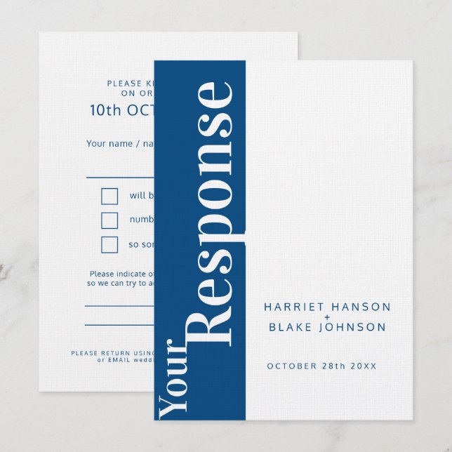 Convite Resposta de casamento em texto azul e branco em ne (Frente/Verso)