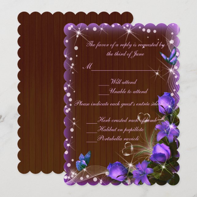 Convite Resposta de Casamento Floral Roxo Madeira Escura R (Frente/Verso)