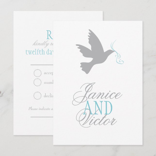 Convite Resposta de casamento formal com fita azul e pombo (Frente/Verso)