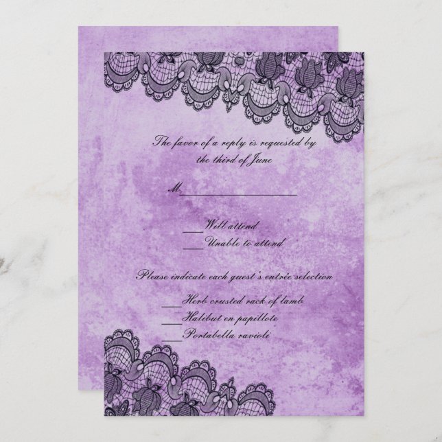 Convite Resposta de Casamento Purple Black Lace Gótico (Frente/Verso)