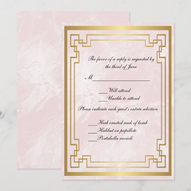 Convite Resposta de Casamento Rosa Mármore Quadro Geométri (Frente/Verso)