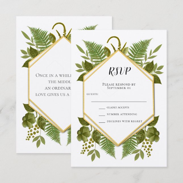 Convite Resposta de Casamento Samambaias e Fauna Dourado e (Frente/Verso)