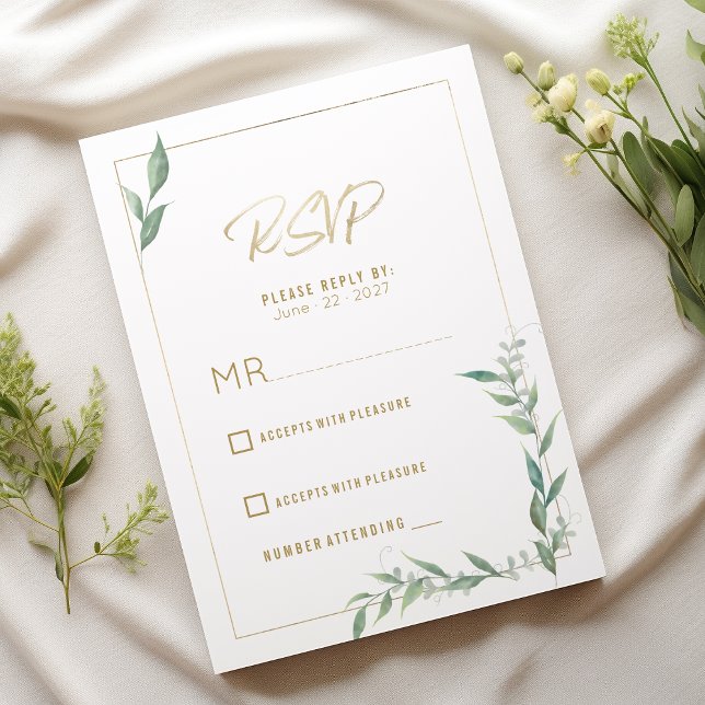 Convite Resposta de casamento verde menta dourado botânico (Botanical mint green gold greenery Wedding RSVP)