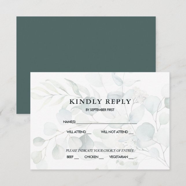 Convite Resposta de RSVP de casamento Blue Green Eucalyptu (Frente/Verso)