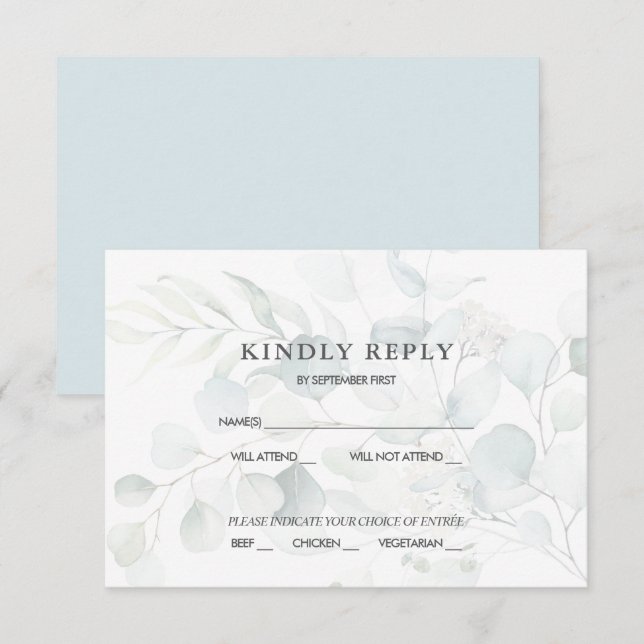 Convite Resposta de RSVP de casamento com eucalipto azul v (Frente/Verso)