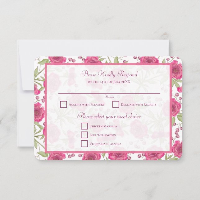 Convite Resposta de RSVP de Casamento com Rosa Rosa Brilha (Frente)