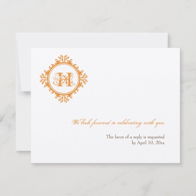 Convite Resposta de RSVP de casamento inicial laranja deca (Frente)