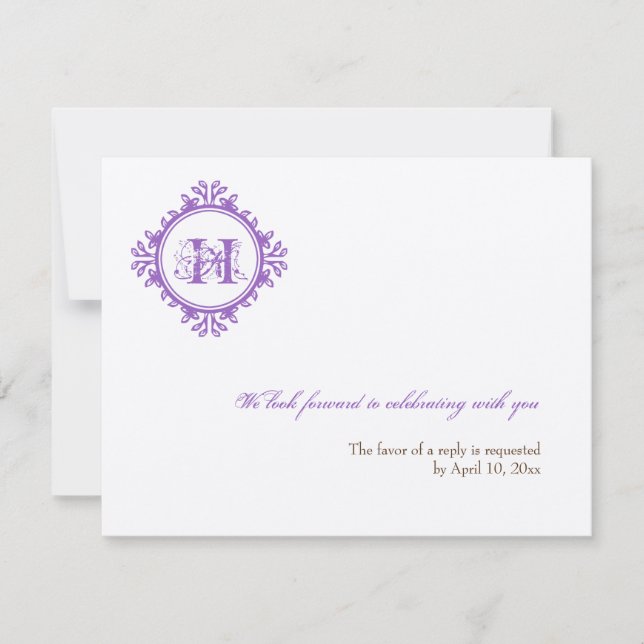 Convite Resposta de RSVP de casamento inicial roxo decaime (Frente)