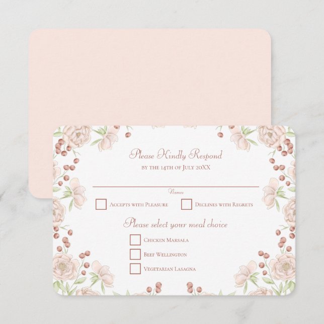Convite Resposta de RSVP de Casamento Rosa Bege (Frente/Verso)