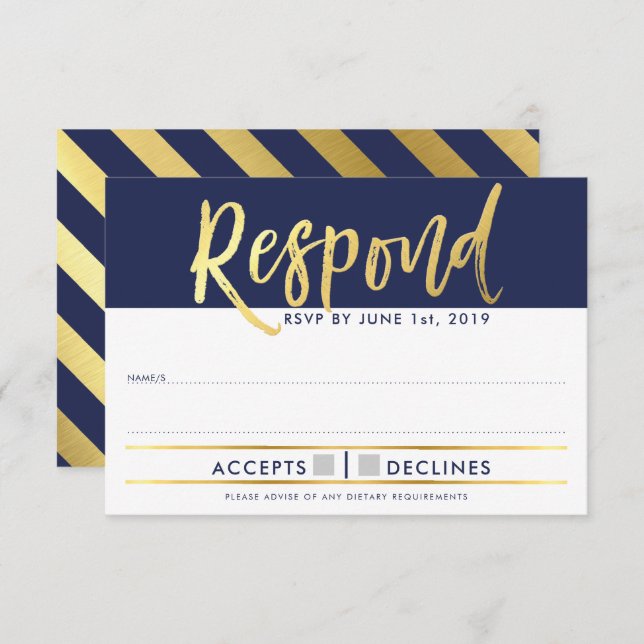 Convite RESPOSTA DE RSVP dourado falso azul marinho (Frente/Verso)