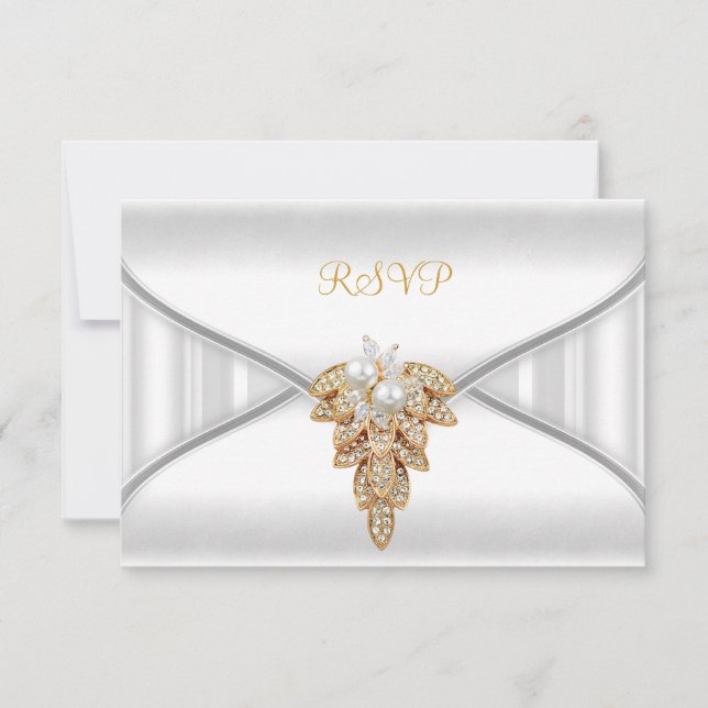 Convite Resposta de RSVP Elegante Joia Ouro Branco (Frente)