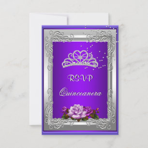Convite Resposta de RSVP Roxo Rosa Prata Quinceanera
