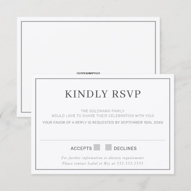 Convite RESPOSTA DE RSVP simples borda minimal cinza (Frente/Verso)