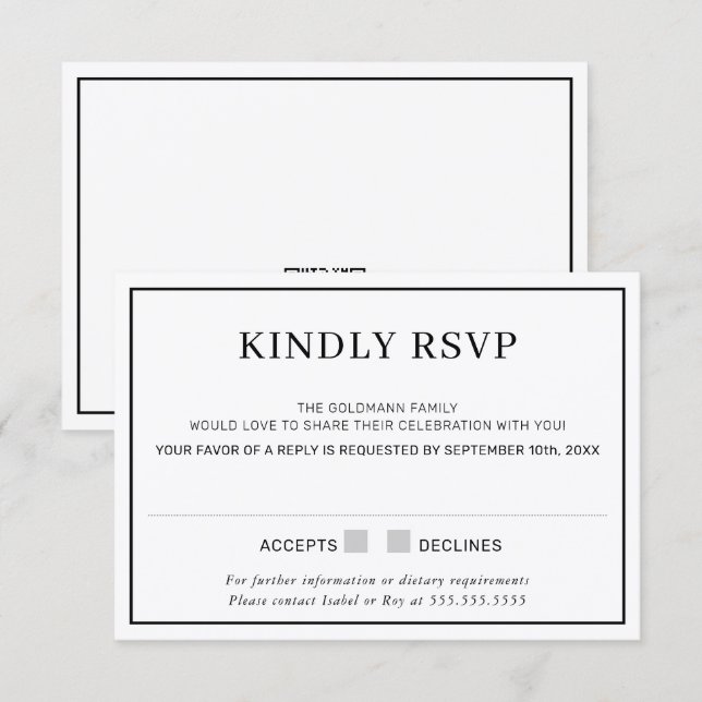Convite RESPOSTA DE RSVP simples borda minimal preta (Frente/Verso)