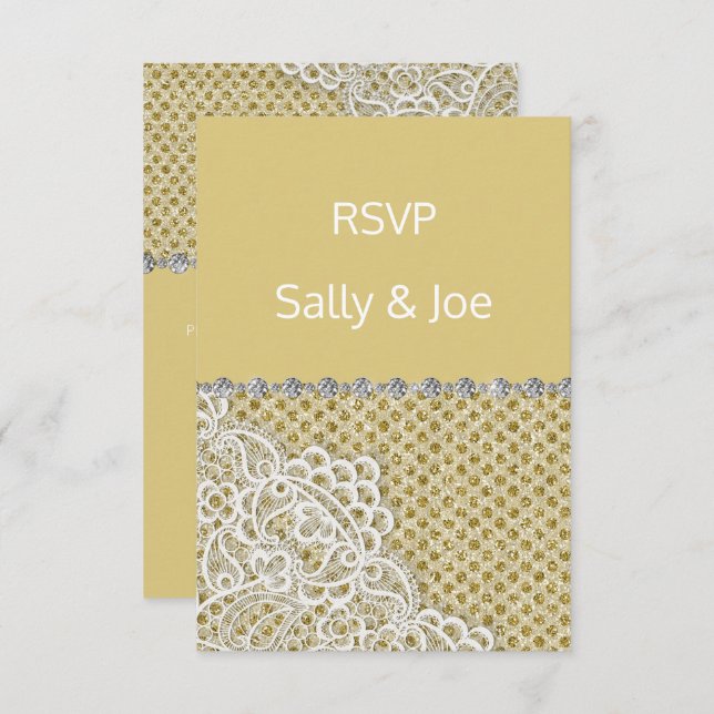 Convite Resposta Dourada de Casamento de Lace Diamond em B (Frente/Verso)