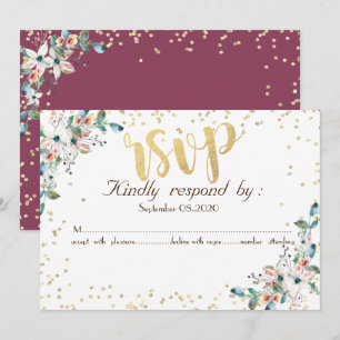 Convite Resposta Gold Diamonds Burgundy Flowers RSVP