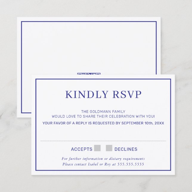 Convite RESPOSTA RSVP borda minimal simples azul real (Frente/Verso)