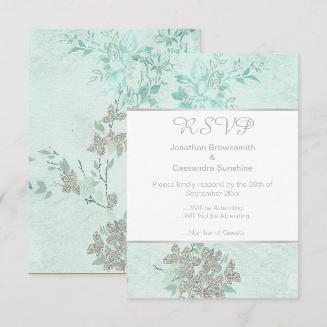 CONVITE RESPOSTA RSVP CASAMENTO AZUL PRIMAVERA PRATA (Frente/Verso)