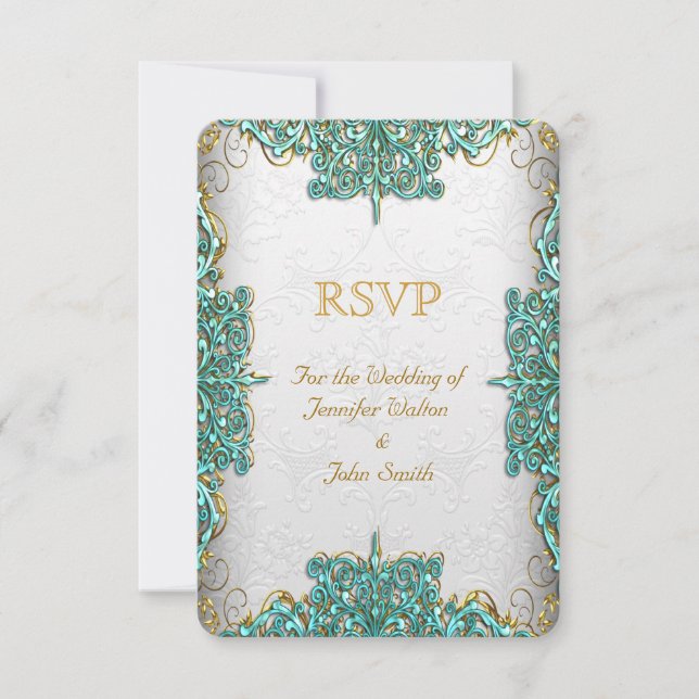 Convite Resposta RSVP Casamento Ornato Branco Azul Turques (Frente)