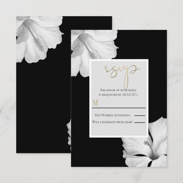 Convite Resposta RSVP de Casamento Tropical Preto de Hibis (Frente/Verso)