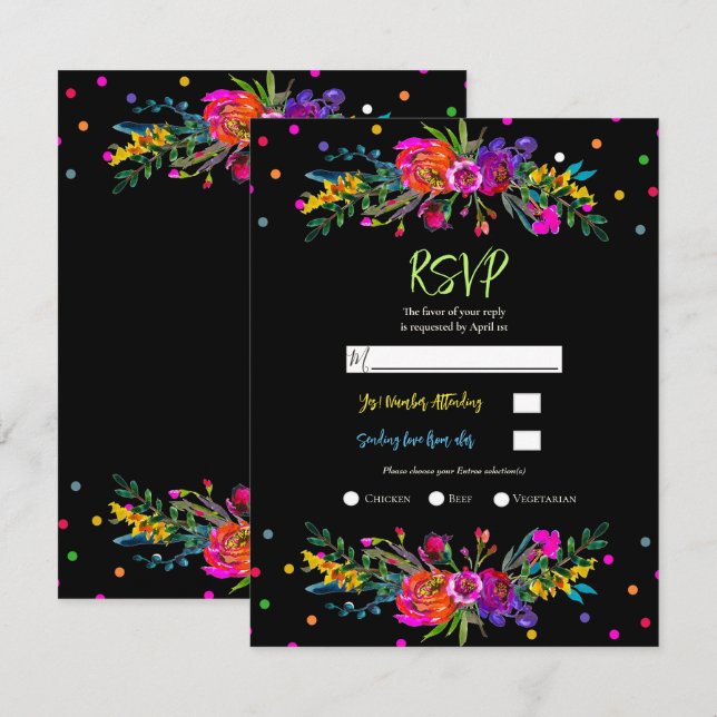 Convite Resposta RSVP Floral & Black Fiesta Modern (Frente/Verso)