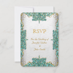 Convite Resposta RSVP Ornamentado Branco Azul Teal