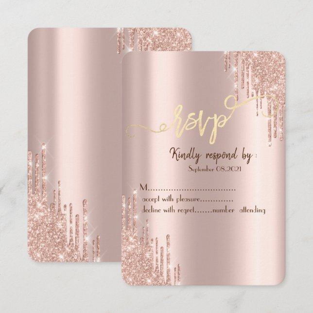 Convite Respostas com Brilho em Rose Gold RSVP  (Frente/Verso)