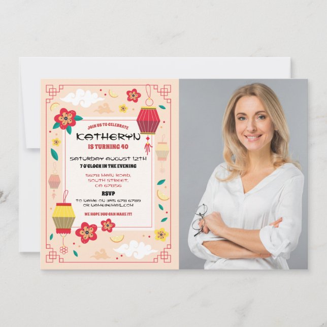 Convite Restaurante de Festa de aniversário chinês tira fo (Frente)