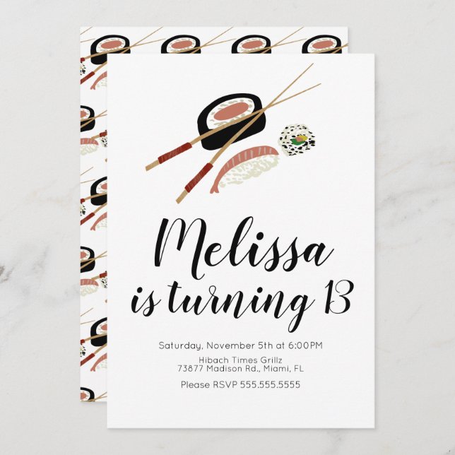 Convite Restaurante Sushi Roll Salmon Teen Birthday Hibach (Frente/Verso)