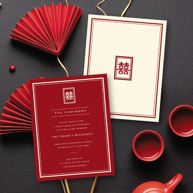 Convite Retângulo Clássico Cerimônia de Felicidade Dupla (Red/Ivory Classic Rectangle Double Happiness Tea Ceremony Enclosure Card @ fatfatin_red_knot)