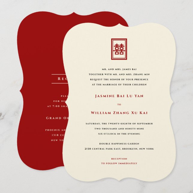 Convite Retângulo Clássico Dupla Felicidade Casamento Chin (Frente/Verso)