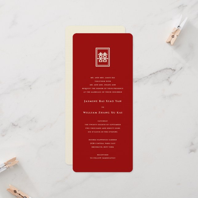 Convite Retângulo Clássico Felicidade Dupla Casamento Chin (Frente/Verso In Situ)