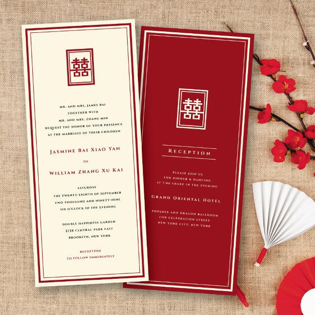 Convite Retângulo Clássico Felicidade Dupla Casamento Chin (Red/Ivory Classic Rectangle Double Happiness Modern Chinese Wedding Invitation @ fatfatin_red_knot)