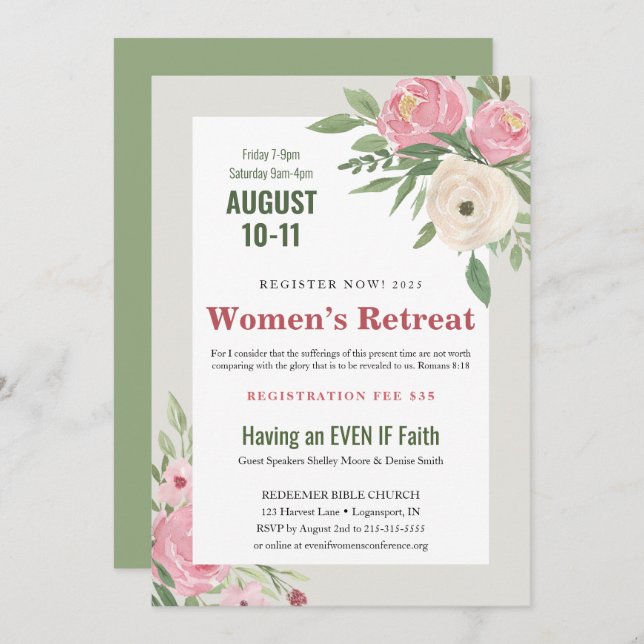 Convite Retirada de Mulheres da Igreja Floral Verde Rosa (Frente/Verso)
