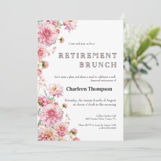 Convite Retirement Brunch Invitation • Floral Farewell  (Em pé/Frente)