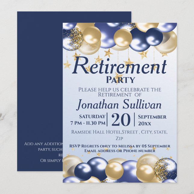Convite Retirement Navy Gold Balloons Party (Frente/Verso)