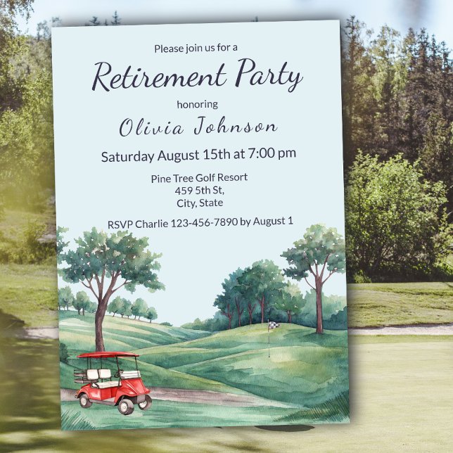 Convite Retirement Party Golf Cart Watercolor  (Criador carregado)