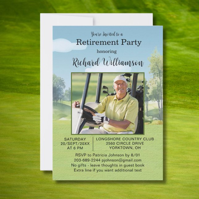 Convite Retirement Party Photo Watercolor Golf Theme (Criador carregado)