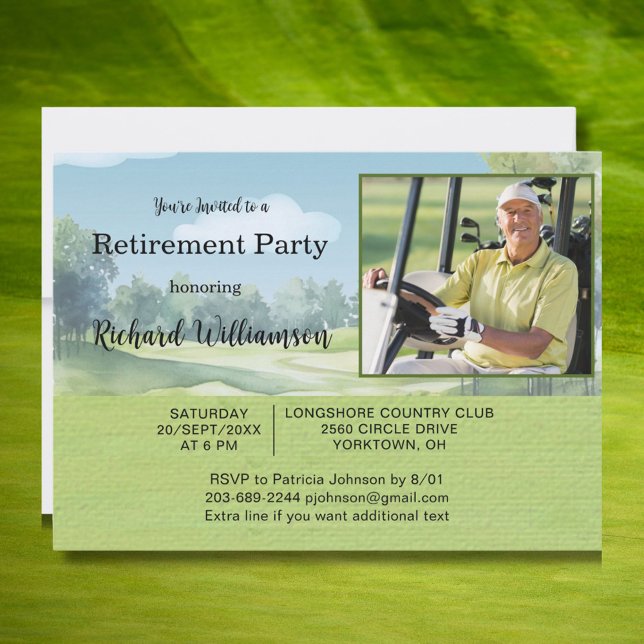 Convite Retirement Party Photo Watercolor Golf Theme Invit (Criador carregado)