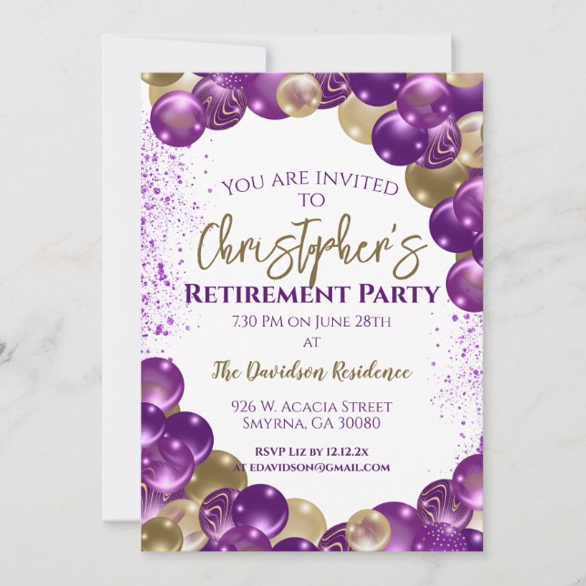 Convite Retirement Party Purple Gold Balloons (Frente)