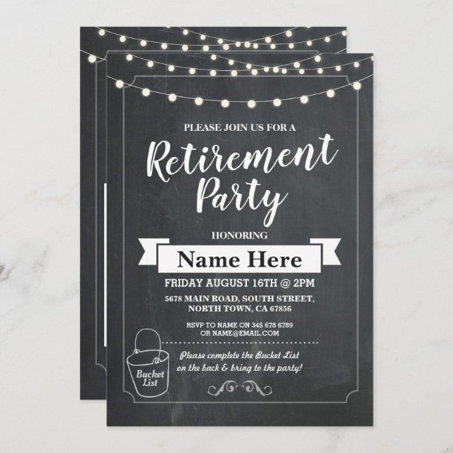Convite Retirement Party Rustic Bucket List Chalk Invite (Frente/Verso)