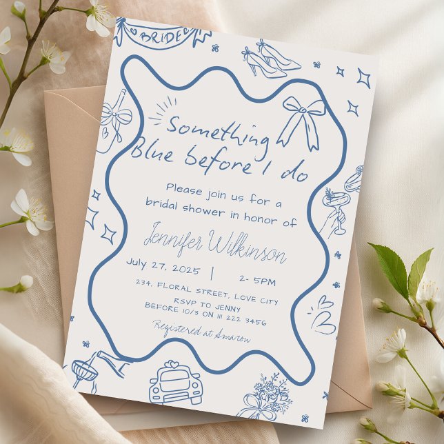 Convite Retorna algo Chá de panela azul desenhado à mão (Hand Drawn Retro Something Blue Bridal Shower Invitation)
