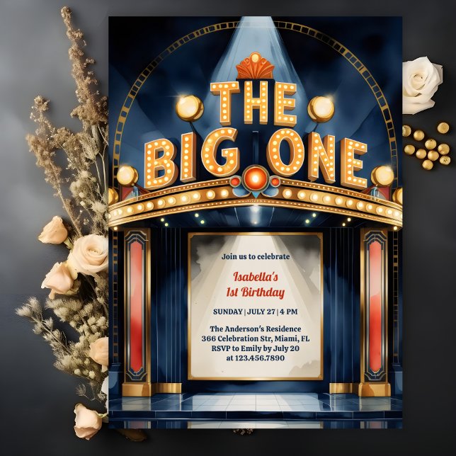 Convite Retrair O Grande primeiro aniversario De Um Teatro (The Big ONE First Birthday Invitation Theatre Marquee Hollywood Theme Invitation)