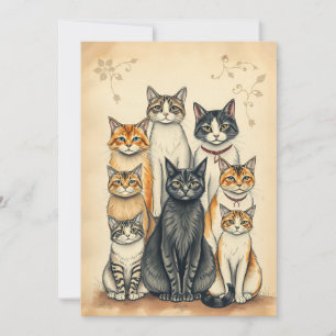 Convite Retrato da Família Cat Inspirado na Vintage