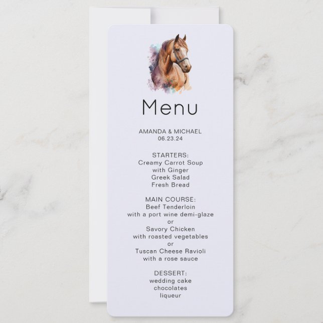 Convite Retrato de Cabeça de Cavalo Marrom em Menu de Aqua (Frente)