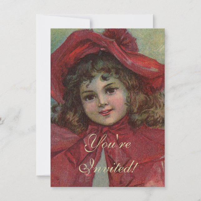Convite Retrato de Menina com Chapéu Vermelho de Natal Vit (Frente)